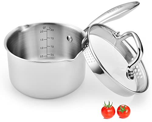 Fracoda 2.0 Quart Stainless Steel Pot Saucepan with Glass Strainer Lid, Sauce Pot with Two Side Spouts, Induction Cooking Pot, Multipurpose Sauce Pan with Lid for Cooking
