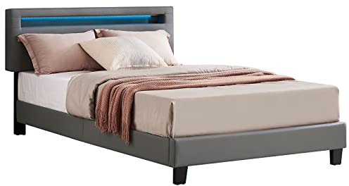 Polsterbett CARIBO 120x200 cm, Bett mit Kunstleder in grau und LED Beleuchtung, Lederimitat, modern, skandinavisch, bequemes gepolstertes Bett