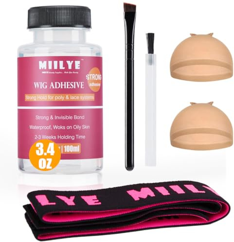MIILYE Clear Wig Glue Pack, 100ml/3.4OZ Waterproof Invisible Toupee Hair Bonding Adhesive, Strong Hold Acrylic for Front Lace, With Melting Band, Brush and Caps