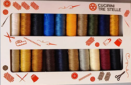Cucirini Tre Stelle Terking – Set filo Jeans per impunture, 20 spagnolette assortite x 50 m, polycot 65/35, titolo 50, Made in Italy