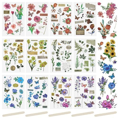 WANDIC Rub On Transfer Stickers Set, 6 Styles 12Pcs Art Plants Flowers Stickers for Scrapbook Journal Sticker of Sewing Handicraft Decor
