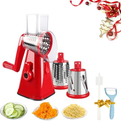 Slicier M – Kitchen Master, Râpe à fromage rotative 3 en 1 avec manivelle, râpe à fromage rotative 3 en 1 avec 3 lames de tambour (rouge)