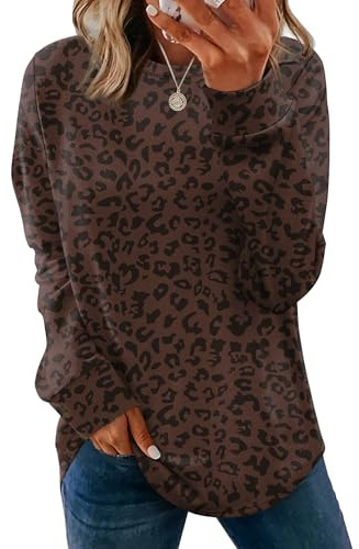 WIHOLL Crewneck Sweatshirts for Women Long Sleeve Cute Tops Loose Fitting Tunic Shirts for Leggings Cheetah Brown 2XL