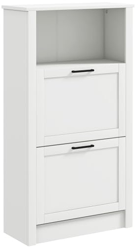 HOMCOM Modern Narrow Shoe Cabinet, Shoe Storage Cabinet with 2 Flip Drawers, Open Compartment and Adjustable Shelves, Holds 10 Pairs, for Entryway, Hallway, White