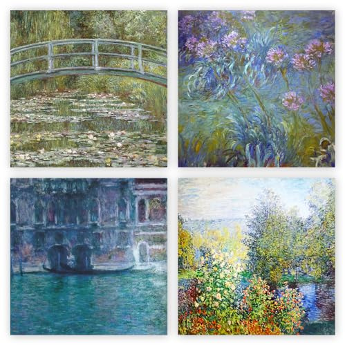 Mixed pack of blank greeting cards and envelopes, 12 note cards 4 different Claude Monet designs, blank greeting inside notelet and envelope sets. (10.5x10.5cm)
