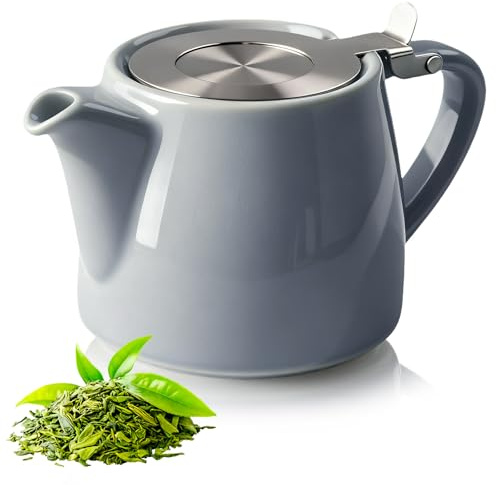 Porslin tekanna med sil, 500 ml tekanna keramik med tesil i rostfritt stål, teapot för hem och kontor, rostfritt stål finmaskig infuser med filter perfekt för löst te, blommande och kaffe