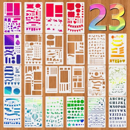 23 Diario Stencil Plantillas Juego de Stencil para Pintura Calada Plantillas Bujo de Plástico con Múltiples Diseños Reutilizable para Álbumes de Recortes Agendas y Manualidades Decorativas Diy