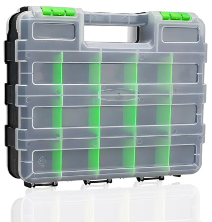 ATTEEFI Schrauben Sortierbox Doppelseitig, 34-Fach Schraubensortiment Box mit Tragergriff, Grüne Schraubenbox Leer für Haushalt, Garage, Werkstatt