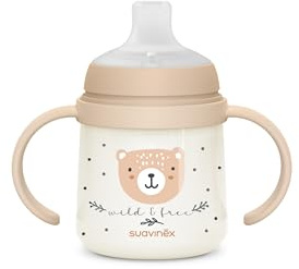 Suavinex, Vaso Aprendizaje Bebé, Taza Antiderrame, Biberón con Asas que Brilla en la Oscuridad, con Boquilla de Silicona y Válvula Anticólico, Ideal para Usar por la Noche, +6 Meses, Wild&Free Beige