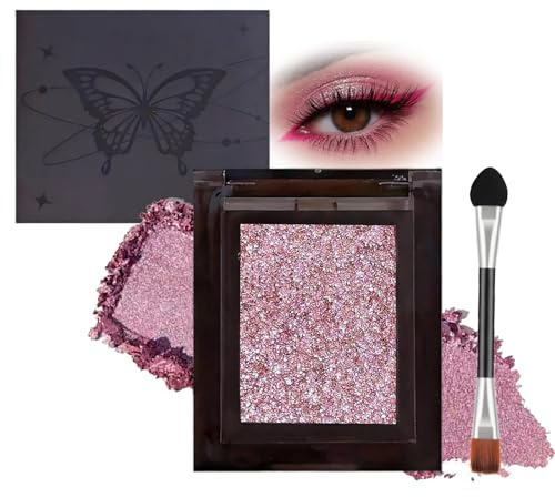 Shimmery Pink Single Eyeshadow Compact - Long-Lasting Sparkly Glitter Makeup for Mature Women, Highly Pigmented Iridescent Finish with Dual-Ended Applicator, Mauve Silver Hues & Butterfly Star Design