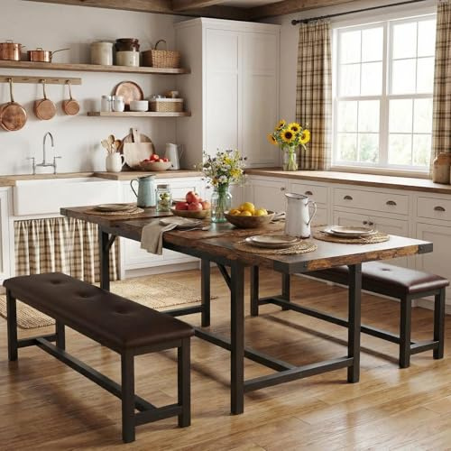 GarveeHome 5 Piece Extendable Dining Table Set for 4-6, Kitchen Table & 2 Upholstered Benches w/Metal Corner Protector, Dining Room Table Set for Small Space, Apartment, Easy Assemble, Retro Brown