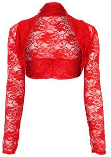 krautwear Bolero de manga larga para mujer para bodas, fiestas, encaje, negro, blanco, rojo, beis, azul, rosa, Rojo-23., 36/42 ES