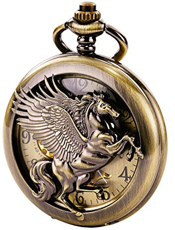 TREEWETO Vintage mecánico esqueleto hueco Pegasus tallado reloj de bolsillo para hombres mujeres, bronce