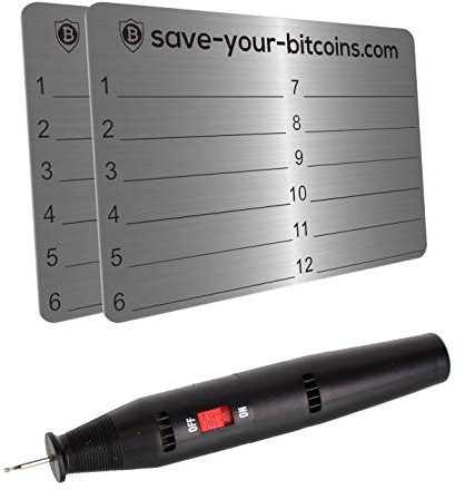Save-Your-Bitcoins Hardware Wallet Seed Phrase - Recovery Metallplatte aus Edelstahl (V4A), Kit mit 2 Platten + Gravierstift