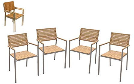 Dynamic24 Garden Pleasure 4 x Stapelstuhl Denver Teak Edelstahl Gartenstuhl Stuhl Set Stapelsessel stapelbar Holz Sitzgruppe Gartensessel