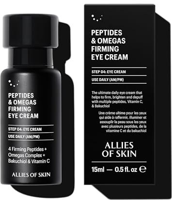 Allies of Skin Peptides & Omegas Firming Eye Cream: Vitamin C, Bakuchiol, Ceramide. For Dark Circles, Wrinkles & Puffiness. Anti-Aging. Firms & Brightens Under Eye Area 0.5 oz / 15 ml