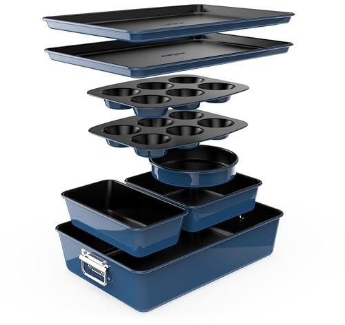 NutriChef Set Padelle Antiaderenti 8 Pezzi, Teglie da Forno Antiaderenti, Stampi Torta Rotonda, Plumcake, Muffin, Teglie Ampie/Quadrate, Piastra Biscotti, Blu