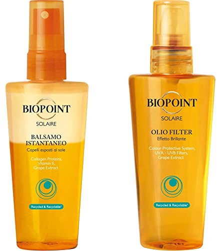 Biopoint Balsamo Bifase Solare Per Capelli 100 ml - Senza Risciacquo, Idrata in Profondità Contrastando l’Azione Dissecante di Sole e Mare + Biopoint Olio Per Effetto Glossato 100 ml