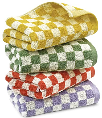 Jacquotha Handtücher fürs Badezimmer, 4er-Set, aus weicher, saugfähiger Baumwolle für Gesicht, Spa, Bad, Fitnessstudio und Küche, dekoratives Kariertes Handtuch-Set, 33 cm x 74 cm, 4 Farben