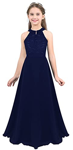 Mufeng Robe Longue Dentelle Fille Robe Mariage Soirée Communion Fête Anniversaire Baptême Costume Princesse pour Enfant 4-16 Ans Bleu Marine 12 Ans