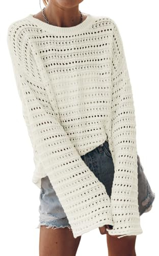 Sidefeel Womens Fall Outfit 2025 Lightweight Sweater Crochet Hollow Out Knit Winter Clothes Medium White