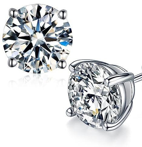 Moissanite Stud Earrings, Round Cut D Color VVS1 Clarity Lab Created Moissanite Earrings Studs 18K White Gold Plated 925 Sterling Silver Jewelry for Women Men (Silver 4 Prong, 1 CTW (0.5 Ct Each))