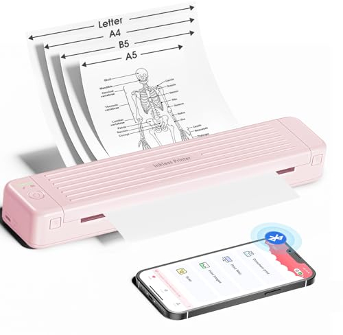 PokeLabel Impresora Termica A4, P831 Impresora Portatil Sin Tinta, Impresora Bluetooth Aplicable a Smartphone, Admite Papel Térmico A4 (210x297 mm)/B5/A5/Letter Impresora Portátil Movil 300DPI, Rosa