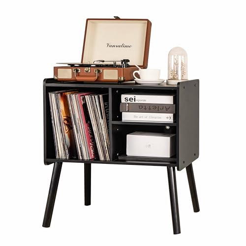 Plattenspielerständer aus Holz – Mid-Century Plattenspielertisch mit Stauraum, fasst bis zu 150 Alben, Vinyl-Schallplattenschrank mit verstellbaren Regalen – ideal für Wohn- und Schlafzimmer (Schwarz)