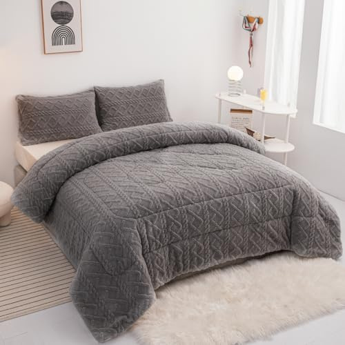 BESCH Edredón Invierno Borreguillo Nórdico 180x240cm para Cama 90/105 con 1 Funda Almohada - Edredón Borrego Sherpa Extra Suave, Cálido, Gruesa - Geométrica Gris