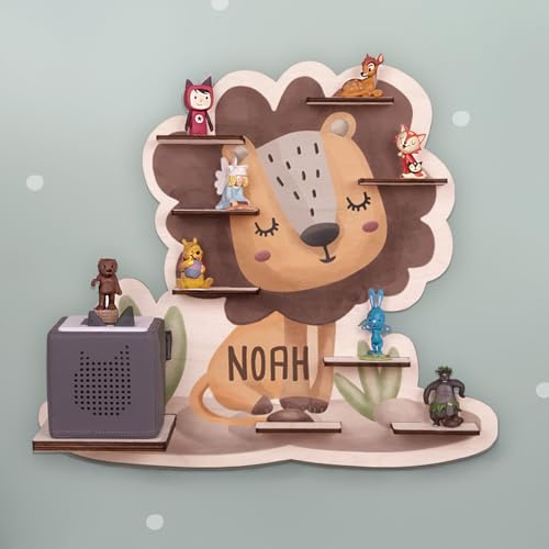 hellomini Personalisiertes Tonie Regal Jungen - Toniebox Regal mit Wunschnamen fürs Kinderzimmer - Regal Jungen- Toniebox Aufbewahrung - Tonies Zubehör (Löwe Druck)