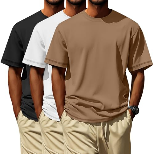 Neer Paquete de 3 Camisetas para Hombre de Tallas Grandes (L-7XL) Manga Corta Cuello Redondo Camisetas básicas de Verano(Negro, Blanco, Caqui,L)