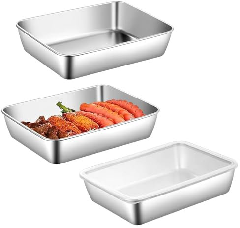 ZMDMAH Set di 3 ciotole in acciaio inox, rettangolari, 25 × 19 × 5 cm, con coperchio, teglia da forno con coperchio, set per impanare carne, pesce, lavabile in lavatrice