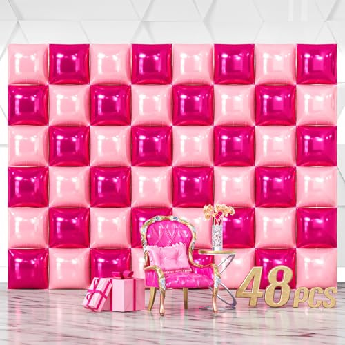 NISOCY 48PCS Hot Pink and Rose Square Foil Balloons Wall Backdrop