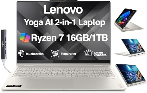 Lenovo Yoga AI Powered 2-in-1 Laptop 16.0 Touchscreen IPS WUXGA Display (AMD Ryzen AI 7 350, 16GB LPDDR5X, 1TB M.2 PCIe SSD, Backlit KB, Fingerprint, WiFi 7, Win 11 Pro) with DKZ USB Port Expander