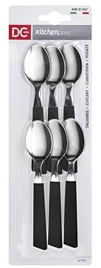 DC CASA Set Cucchiaino Acciaio 13.8x3 cm 6 Pezzi – Manico Colorato in Polipropilene – Posate da Caffè o Dessert – Made in Italy (Nero)