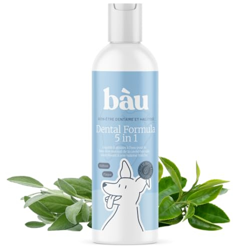 Bau Dental Formula 5 in 1 per Cani, Additivo per Acqua per Igiene Orale Quotidiana, Aiuta a Ridurre Placca e Alito Cattivo del Tuo Cane, Colluttorio Cane, PH Neutro, Gusto Delicato alla Menta -250ml