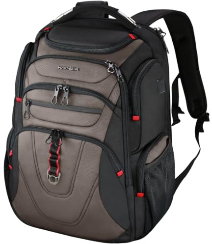 KROSER Mochila para ordenador portátil de 17,3 pulgadas, mochila de viaje de negocios, negro y marrón claro., 17,3 Zoll