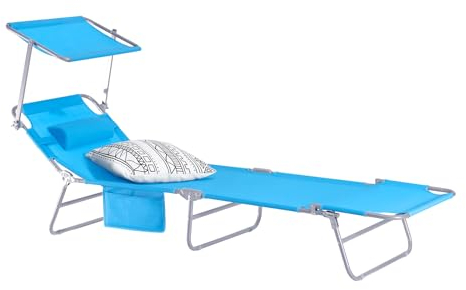 SoBuy Sonnenliege klappbar Gartenliege Liegestuhl klappbar mit Sonnendach & Kopfkissen & Seitentasche Strandliege Balkon Relaxliege 155x56x81cm für Gartenmöbel Terrasse Camping Himmelblau OGS48-B
