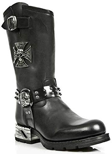 New Rock Stivali MR030-S1 da Uomo in 100% Pelle Nera Western con Piattaforma Gotica Stile Motociclista 41