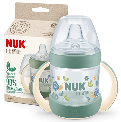 NUK for Nature Trinklernbecher | 150ml | Haltegriffe und brustähnlicher Trinkschnabel | Auslaufsicher | 6−18 M | Anti-Colic | Temperature Control | Nachhaltige, BPA-freie Materialien | Grün