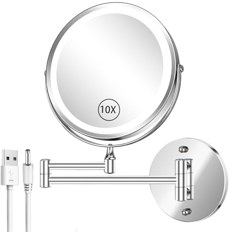 AusDaur Espejo de maquillaje montado en la pared de 8 pulgadas, espejo de tocador de aumento 1x/10x con luces, LED recargable, 3 luces de color, espejo de baño de brillo ajustable, interruptor táctil,
