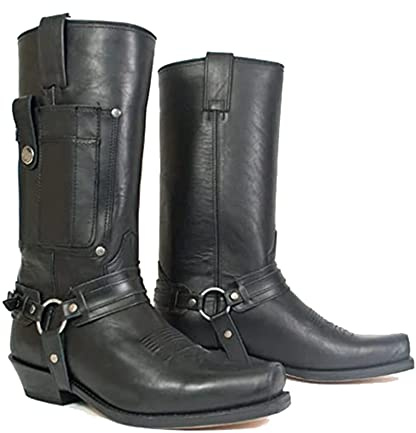 Botas Vaqueras Occidentales Para Hombres - Punta Cuadrada, Cuero PU, Estilo Vintage Steampunk, Tacón Bajo, Caña Media, Para Jinete, Motociclista, Cosplay - Negro, 44