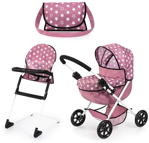 Bayer Design 13776AB Set Puppenwagen faltbar, Softer Griff, mit Tasche, Hochstuhl, Nordisches Rosa