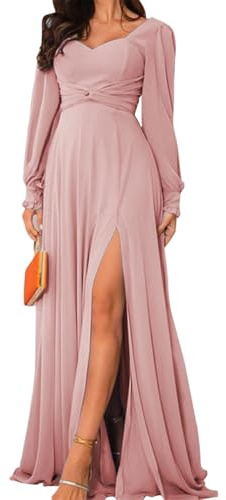 HPPEE Vestidos de dama de honor de manga larga para mujer con abertura de gasa, vestido formal de invitada de boda con bolsillos, Rosa Polvoriento, 44