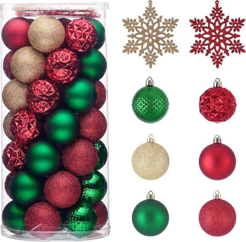KAHEIGN 32Pcs Christmas Baubles, 6CM Red Green Gold Shatterproof Xmas Hanging Balls with 2Pcs 16CM Snowflake Ornaments for Christmas Tree Holidays Home Xmas Party Decoration (6 Styles)