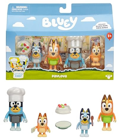 BlueY Enfile Ton Tablier avec Le Coffret de 4 Figurines Le Pavlova » Contenant, Bingo, Bandit et sa Toque de Chef, Chilli et 2 Accessoires, 4 Figurines articulées de 6 à 7,6 cm