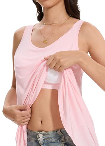 Knuffnee Tank Top for Women with Built Bra Flowy Loose Fit Vest Pleated Cami Pink L