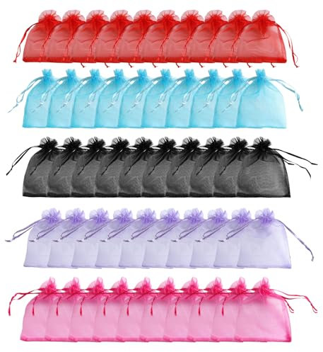 50 Stück Organzasäckchen Kleine Organzabeutel,Tütche,Klein,Bunt Organza Taschen mit Kordelzug,Geschenkbeutelschmuckbeutel,Säckchen,Kleine,Mini,Organzersäkchen,für Hochzeit Geburtstag Party Schmuck