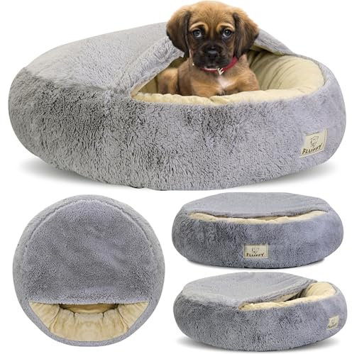 KING DOG Hundebett Ø 50 cm überdachtes Hundebett Katzenhöhle Donut-Bett Plüsch-Kunstfell-Nest Flauschiges rundes Hundekissen Hundesofa Katzenbett für kleine mittelgroße Hunde