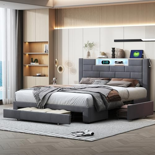FOERPL Cama tapizada con cajones, cama doble de 160 x 200 cm, cama de adulto con LED y función de carga, cama acolchada de terciopelo gris, marco de cama con cabecera de cama y somier de láminas
